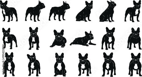 French bulldog silhouettes collection with black dogs in various poses including standing sitting and lying down isolated on white background for graphic design