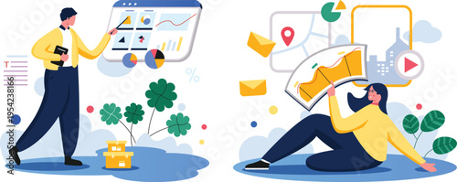 People analyzing data on devices with graphs and charts