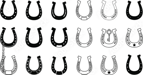 Horseshoe silhouette and line art icons set featuring various styles including luck charms stars and keys isolated on white background for western equestrian design.