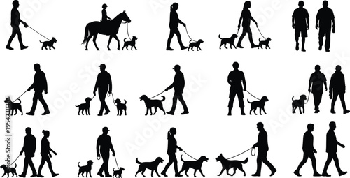 Large collection of people walking dogs and riding horses silhouettes featuring men women and couples in various outdoor activity poses isolated on white background