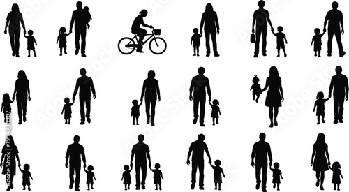 Large collection of parent and child silhouettes featuring mothers and fathers walking with children and riding bicycles isolated on white background for family design
