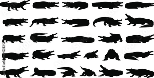 Large collection of twenty five black crocodile and alligator silhouettes featuring various predatory crawling and open mouth poses isolated on white background for wildlife design