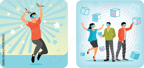 People enjoying virtual reality experiences with vr headsets and controllers