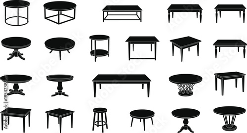 Large collection of table silhouettes featuring various designs including round coffee tables rectangular dining desks and wooden side stands isolated on white background for interior design