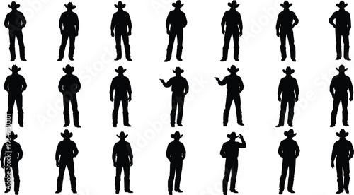Large collection of twenty one black cowboy silhouettes wearing hats in various standing poses isolated on white background for western and wild west design