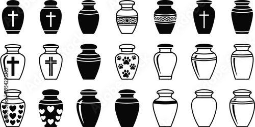 Large collection of twenty one cremation urn silhouettes featuring various designs including crosses paw prints and hearts isolated on white background for funeral