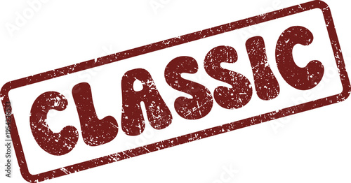 Distressed red rubber stamp with the word CLASSIC providing a timeless and retro aesthetic