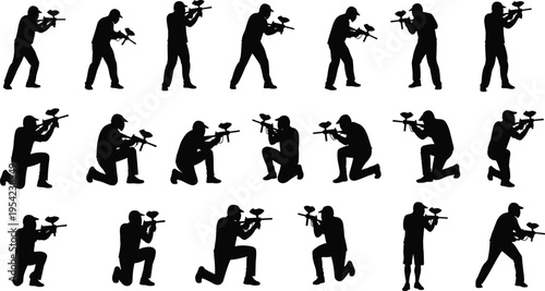 Set of paintball player silhouettes in various action poses including aiming shooting and kneeling isolated on white background for extreme sports and competition design