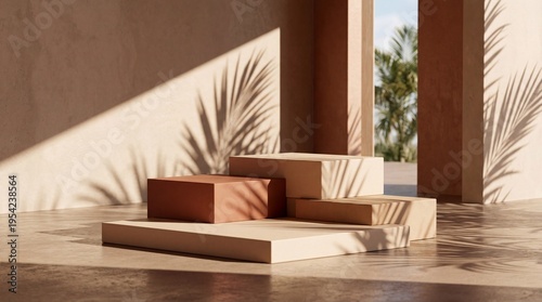 Wooden step podium product display with tropical pal leaves and natural sunligt on beige outdoor terrace
