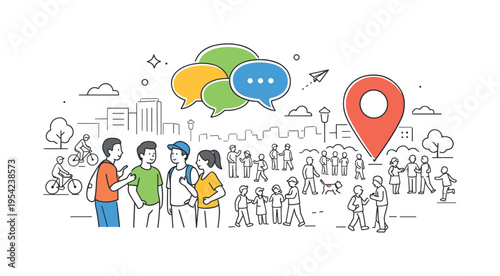 A busy urban activity scene where many tiny people gather and interact in a shared public space during a lively community moment, using a clear visual metaphor of small crowd