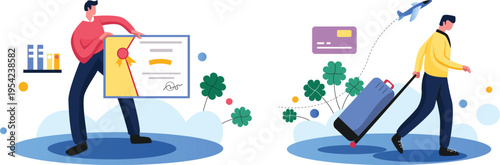 A man with a certificate and a man with a suitcase