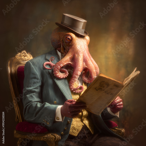 Victorian Octopus Gentleman Reading Antique Book Portrait