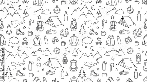 Mountain adventure camping escape theme with calm wilderness mood, doodle objects including mountains, pine trees, tent, campfire, backpack, sleeping bag, lantern, compass, map,