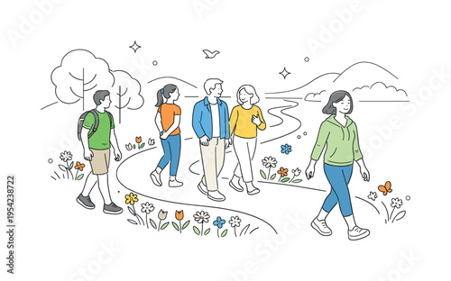 Outdoor wellness and mindful walking concept showing people enjoying a peaceful stroll through a natural environment to relax and reconnect with surroundings, using a winding path
