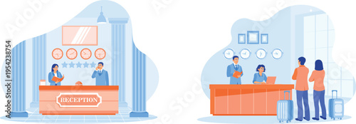 Hotel reception desk with staff and guests