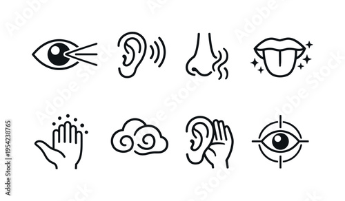 Sensory perception elements: eye with vision rays, ear with vibration lines, nose with airflow lines, tongue with taste sparkles, hand with tactile dots, smell cloud swirl, ear