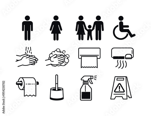 Restroom guidance and hygiene: male restroom symbol, female restroom symbol, family restroom icon, wheelchair accessibility symbol, washing hands under water, soap bubbles on hands