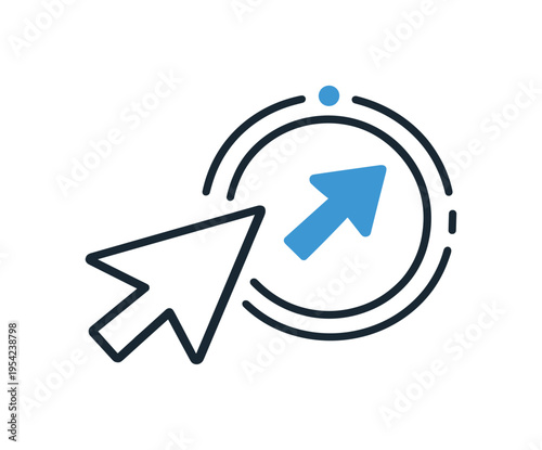 Digital navigation and interface guidance during everyday computer interaction, a simple mouse cursor arrow pointing toward a circular directional indicator expressing clarity