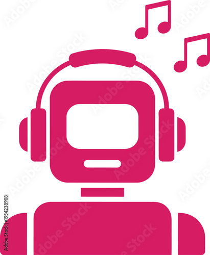 Pink robot wearing headphones listening to music with musical notes floating around representing technology entertainment and sound