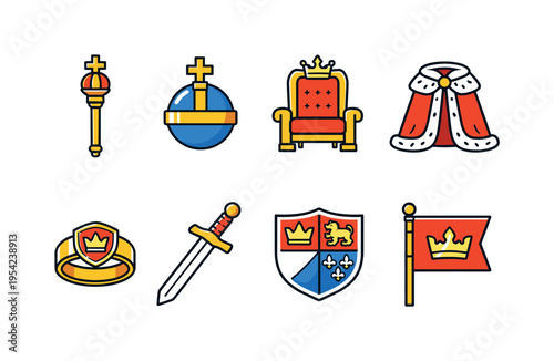 Royal regalia symbols: royal scepter, orb with cross, throne chair, royal mantle cloak, signet ring, ceremonial sword, heraldic shield, royal flag banner