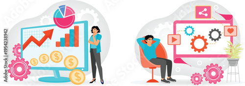 A man and a woman are looking at graphs on computer screens