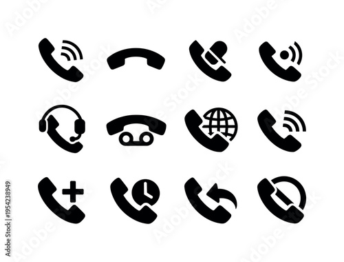 Calling and communication icons: ringing phone handset, call end phone symbol, phone mute microphone, phone speaker mode, phone with headset, phone with voicemail tape, phone with