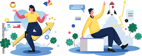 Business people celebrating success with graphs and charts