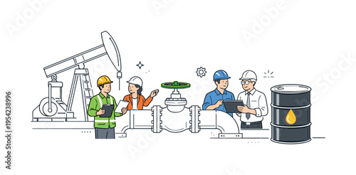 Oil energy industry collaboration scene where workers and engineers discuss energy production and infrastructure management at a drilling facility, representing coordination
