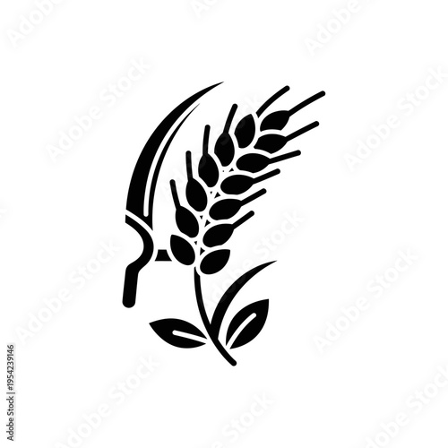 Black silhouette of a wheat stalk with sickle, symbolizing agriculture, harvest, and grain production