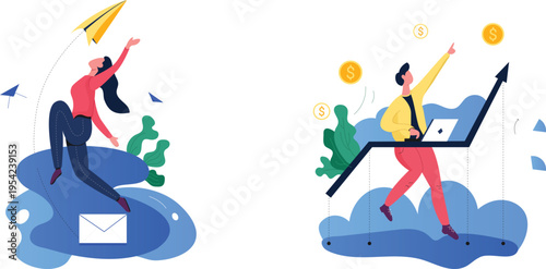 A woman on a cloud throwing a paper airplane and a man on a graph going up with money
