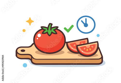 Food preparation planning and balanced diet organization in a wellness-focused routine highlighting simple meal structuring and ingredient readiness, a round tomato on a small