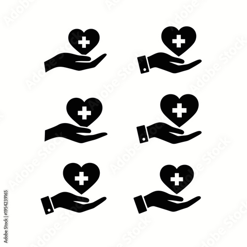 Set of six black icons of hands holding a heart with a white cross, representing healthcare, charity, and love
