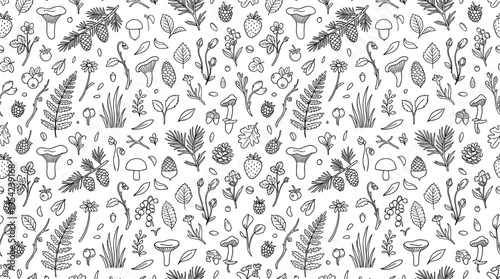 Forest berries and wild plants theme with fresh natural feel, doodle objects including strawberries, blueberries, raspberries, blackberries, cranberries, currants, leaves, fern