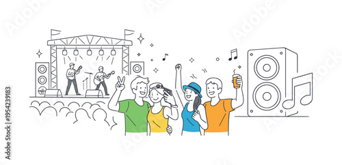 A modern event experience where people attend a live music celebration and share memorable moments during a festival gathering, visual metaphor of a concert stage platform beside a