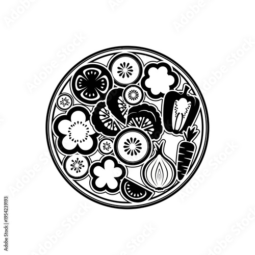 Circular emblem featuring a variety of fresh, sliced vegetables and fruits, including bell peppers, onions, carrots, tomatoes, cucumbers, and citrus, in a stylized, flat design graphic