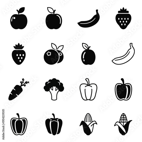 Diverse collection of fresh fruits and healthy vegetables presented as modern glyph icons, ideal for various graphic designs focused on food, diet, and nutrition