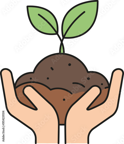 Hands gently holding fertile soil with a young green plant sprout growing upward symbolizing nature and growth