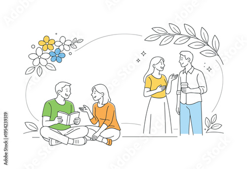 A group interacting in a nature-inspired setting with floral elements integrated into a clean background composition, highlighting organic shapes and decorative balance in a modern