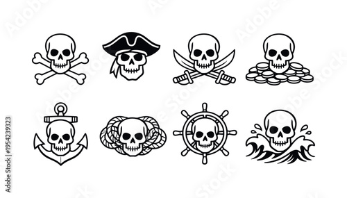 Pirate skull symbols: pirate skull with crossed bones, pirate skull with tricorn hat, pirate skull with crossed sabers, skull with treasure coins, skull with anchor, skull with