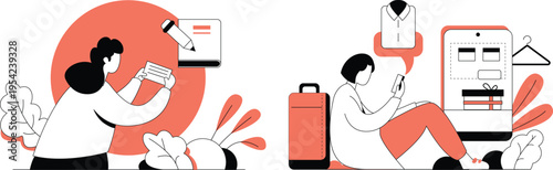 A woman is holding a credit card and another woman is sitting with a suitcase and a phone