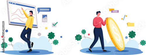 A man interacts with a large graph on a screen while another man holds a large coin