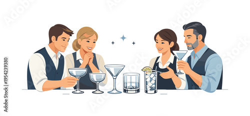 A design asset scene where an engraving style set of cocktail glasses is prepared for use in hospitality branding and packaging, highlighting detail and classic aesthetics in a