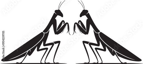 Symmetrical Black Praying Mantis Silhouettes Facing Minimalist Graphic Art
