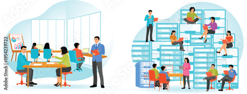 People working in office and on server