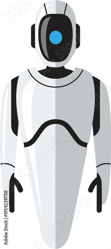 Modern robot character in white and grey with blue eye for technology, artificial intelligence, science fiction and future android