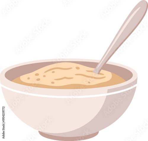 Bowl of porridge or oatmeal with spoon for healthy breakfast food or warm meal, comforting nourishment and sweet dish