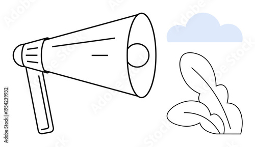 Marketing, promotion, public announcements, eco branding, sustainability, communication. Megaphone, cloud and plant leaf in black and white. Marketing and promotion concept