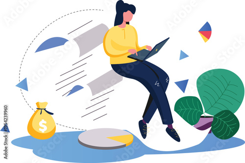 A woman sitting with a laptop and money bag