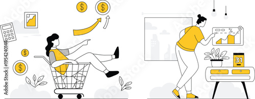 A woman sitting in a shopping cart with money and a woman looking at a graph on a screen
