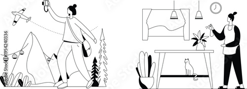 A illustrations of a woman traveling and a woman watering a plant